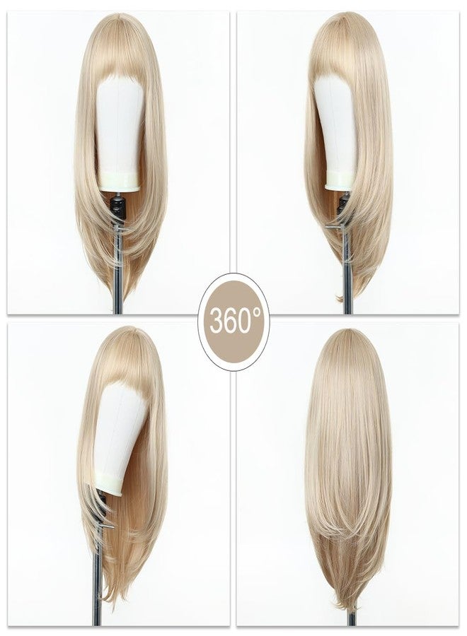 اسمي شعر مستعار إسمي طويل أشقر ناعم للنساء مع غرة، شعر صناعي طبيعي للاستخدام اليومي والحفلات - Image 5